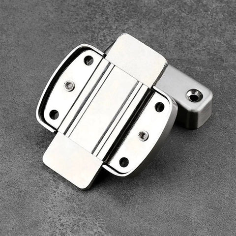 Cast Metal Door Latch Lock Hook Bathroom Right Angle Sliding Gate Bolt in silver finish, top view with screws.