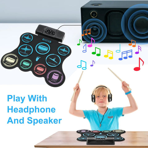 Child playing Roll Up Electric Drum Set With 9 Pads For Kids, MIDI Jam Ready Drum Pad Kit with headphones, speakers visible