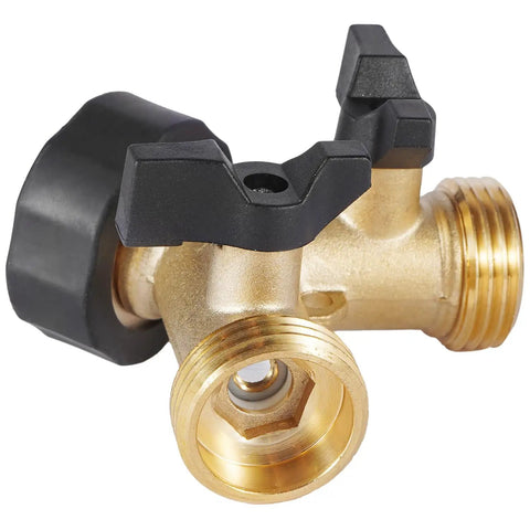 Heavy Duty Brass Garden Hose Splitter 2 Way Y Valve With Easy Grip Handle And Independent Shutoffs Lets You Run Dual Hoses From One Spigot Outdoor Faucet Splitter With Rubber Washers For Leak Free Watering, brass 2-way hose splitter