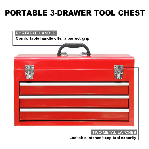 Front view of 20.5 Inch Portable Steel Tool Box With Top Box And Three Drawers Red Powder Coat Finish Heavy Duty Metal Latch