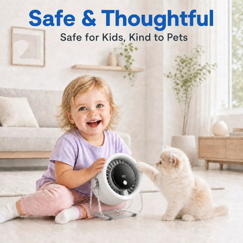 Child and kitten with Chill Portable Desk Fan With 199 Speed Settings For Personal Cooling At Home Or Office