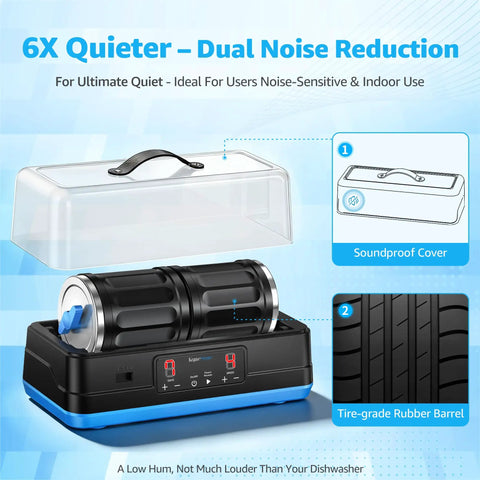 Ultra Quiet Brushless Rock Tumbler Kit With 7Lb Dual Barrel Polisher And Noise Canceling Cover displayed with noise reduction features