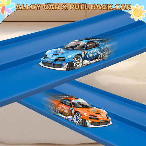 Race Car Track Starter Set With Flexible 15 Foot Ramp featuring blue and orange diecast 1:64 scale cars on blue track