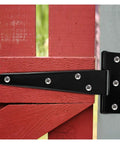 Beefed-Up Heavy Duty 6 By 5 Inch Black Rustproof Iron T Shaped Triangle Hinges on red wood gate for outdoor use