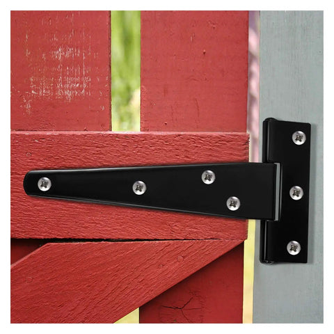 Beefed-Up Heavy Duty 6 By 5 Inch Black Rustproof Iron T Shaped Triangle Hinges on red wood gate for outdoor use