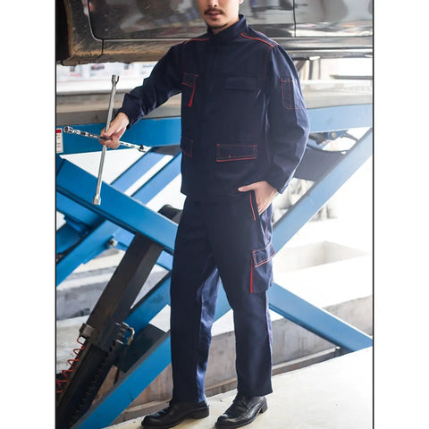 Men Long Sleeve Work Jacket And Pants Set Premium Poly Cotton Industrial Maintenance Engineer Uniform Real Deal Daily Grind Ready Utility Outfit In 3X Large Size Option, worn by a man holding a wrench.
