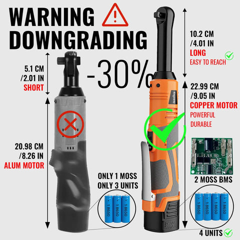 Three-Eighths Inch Cordless Electric Ratchet Wrench Set With Extended Long Neck For Deep Auto Work, A Slick 16V Power Tool Kit That Delivers Up To 45 Ft-Lbs Torque, 600 RPM, Two Batteries, LED Light, 9-Piece Accessories And Tool Box, orange handle