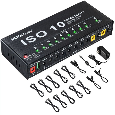Guitar Pedal Power Supply For Your Rig With 10 Isolated Outputs And USB Port 9V 12V 18V Adjustable Rails 300mA And 500mA Ports