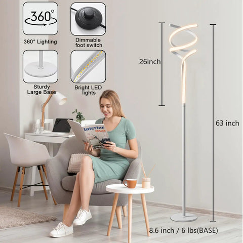 LED Modern Floor Lamp For Living Room With Remote Dimmer Three Color Temperature Modes 40W 2500LM Dimmable Standing Spiral White Lamp 63 Inches Tall with woman reading nearby