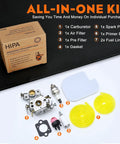 PP4218A Carburetor Kit for Poulan Gas Chainsaws P3314 P3816 P4018 P3416 and PPB Series Models With C1M-W26 W26 Carbs Includes Air Filter 530057925 Tune-Up Kit displayed with parts on black background