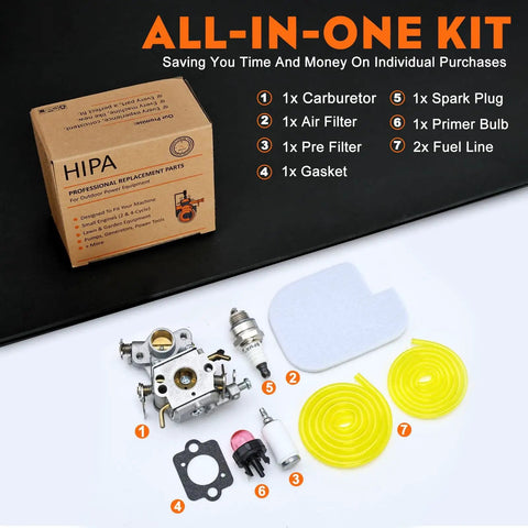 PP4218A Carburetor Kit for Poulan Gas Chainsaws P3314 P3816 P4018 P3416 and PPB Series Models With C1M-W26 W26 Carbs Includes Air Filter 530057925 Tune-Up Kit displayed with parts on black background