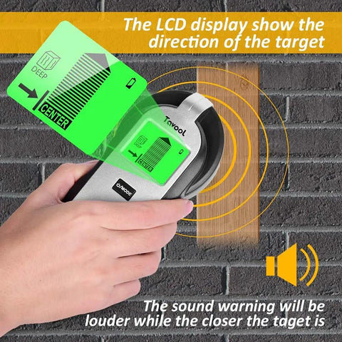 Person using 4 In 1 Stud Finder Wall Scanner With LCD Display For Wood Metal AC Wires And Joist Detection Center Finding Pro Level Accuracy For Diy Friendly Home Improvement Projects against a wall