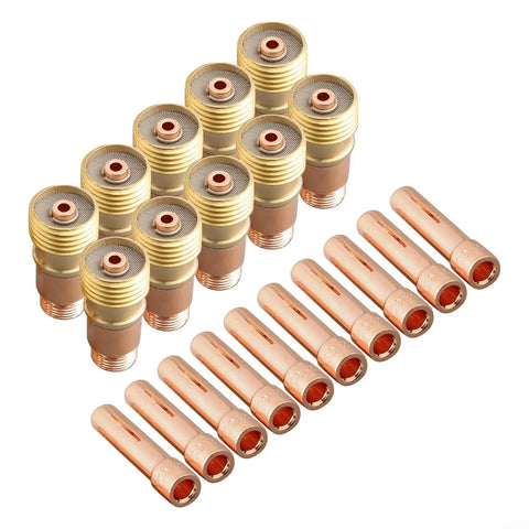 TIG Gas Lens and Collet Kit for Stubby Lens, 20 Pack Collet Set WP 17 18 26 Torches, 3 32 Inch, 10N24S shown in gold and copper