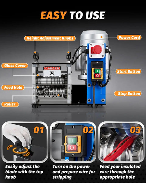 Heavy Duty 550W Electric Wire Stripper Machine with height adjustment knobs and control buttons for easy operation.
