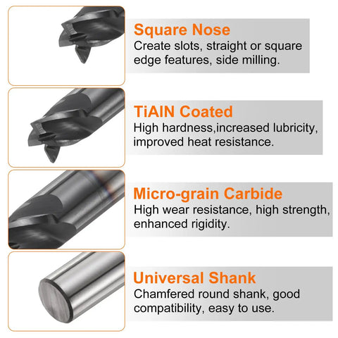 Carbide Square Nose End Mill Bit Four Flutes TiAlN Coated Milling Cutter for Hardened Steel, details of features and materials