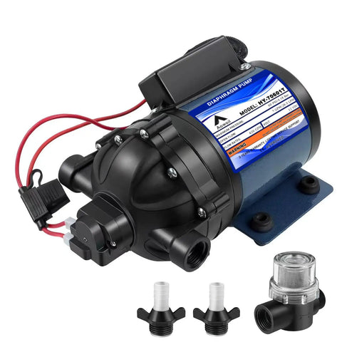 Quiet Yet Powerful 12V Water Pump For RVs Boats And Yachts Delivers 7 GPM At 60 PSI Diaphragm Pump With Half Inch FNPT Inlet Includes Filter