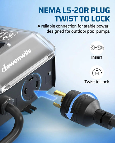 NEMA L5-20R plug connection for Smart WiFi Pool Timer With No Sweat Plug And Play Design Effortless Phone App Control For Heavy Duty 20 Amp Pool Pumps And Outdoor Yard Automation Nema L5 To 20R Outlet Adapter
