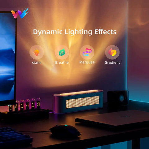 Smart LED Light Bar With RGBICW, Four Light Beads, 64 Sq Ft Coverage, Silver Finish on a gaming desk projecting ambient colors