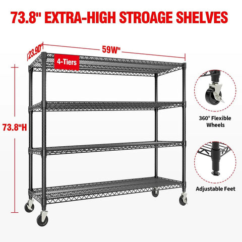 Heavy Duty Rolling Wire Shelving Unit With Wheels For Garage Storage Adjustable Metal Rack 2640 Lb Capacity, 4-tier, 73.8 inches height.
