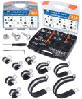 Pro Grade Cable And Pipe Clamps Kit With 304 Stainless Cushioned Clamps In 10 Sizes From Quarter Inch To One And A Half Inch Includes Screws And Handy Carry Box For Home Workshop Perfect For Electrical Plumbing Automotive Projects And DIY Cable Management displayed in an open case with assorted clamps and hardware.