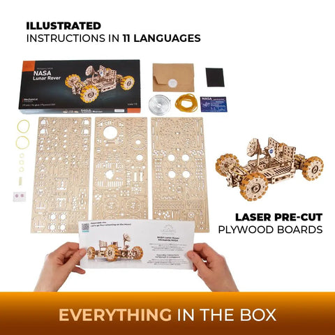 NASA Lunar Rover Wood Model Kit For Adults And Teens, 3D Mechanical Puzzle You Can Build, Space Gift That Is Dope, Detailed Moon Buggy DIY Craft Set, STEM Favorite For Collectors And Space Enthusiasts, laser-cut plywood boards and instructions