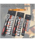 Top Shelf Chrome Vanadium Socket Wrench Set With Ratchet Handle And Extension Bar For Home Repair Precision Metric Sockets In 1/4 3/8 Or 1/2 Inch Drive Built Hella Tough For Every Weekend Warrior displayed in a boxed layout showcasing various sizes.