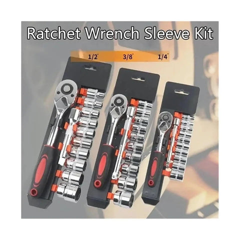 Top Shelf Chrome Vanadium Socket Wrench Set With Ratchet Handle And Extension Bar For Home Repair Precision Metric Sockets In 1/4 3/8 Or 1/2 Inch Drive Built Hella Tough For Every Weekend Warrior displayed in a boxed layout showcasing various sizes.