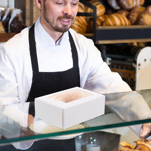 Baker with Kraft Paper Cookie Boxes With Clear Window Safe And Odorless Bulk Pack Of 50 Mini Treat Boxes on display