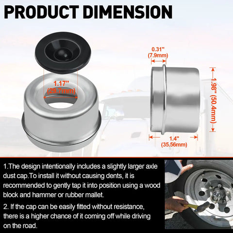 Product dimension diagram of Heavy Duty Trailer Hub Cap Set For 2000 To 3500 Pound Dexter Axles, showing size and installation.