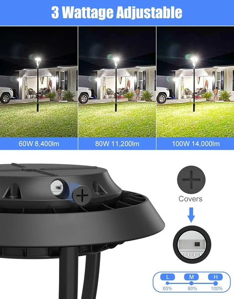 Beefy 100W LED Post Top Light With 14000 Lumens, dusk to dawn, adjustable wattage, IP65 waterproof, showcased outside house