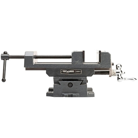 Heavy Duty Cross Slide Drill Press Vise With Extra Tall Jaws Sliding Clamp Handle and Precision Castings for Knockout Grip, side view.