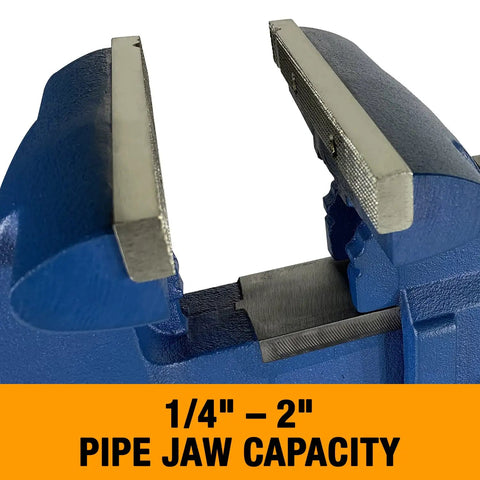 Close-up of Workhorse Bench Vise With 6 Inch Jaw Opening And 3.5 Ton Clamping Force, ductile iron, showing pipe jaw capacity text.