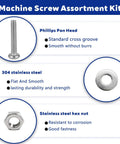 Straight Up Heavy Duty 357 Piece Phillips Pan Head Machine Screws Assortment Kit With 304 Stainless Steel Nuts Washers And Rugged Storage Case For Garage Projects features stainless steel screws and nuts.