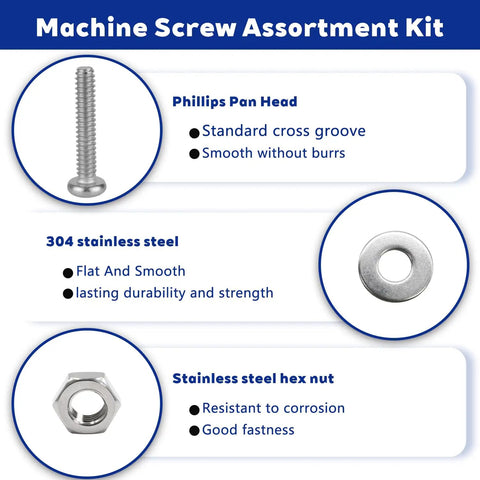 Straight Up Heavy Duty 357 Piece Phillips Pan Head Machine Screws Assortment Kit With 304 Stainless Steel Nuts Washers And Rugged Storage Case For Garage Projects features stainless steel screws and nuts.