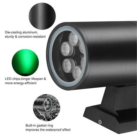 Up And Down Outdoor Wall Lights 96W RGBW Color Changing With RF Remote, showing die-cast aluminum, LED chips, waterproof build