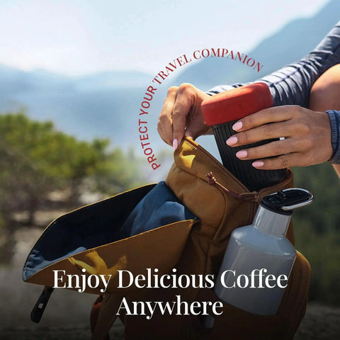 Person placing Ultra Portable Travel Coffee Maker Kit For Grab And Go Outdoors All In One French Press Pour Over And Espresso Style Manual Brewer For Camping And Hiking Two Minute Brew For A Less Bitter More Flavorful Cup into backpack, scenic background