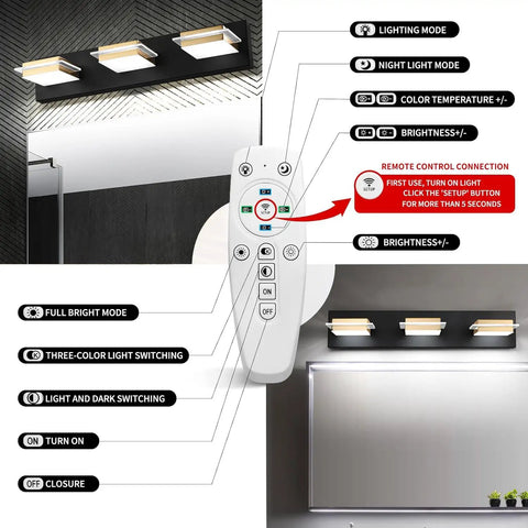 Black 4 Light Vanity LED Bathroom Light Fixture For Modern Homes, remote control settings, 32 Inch Wide, sleek design, above mirror