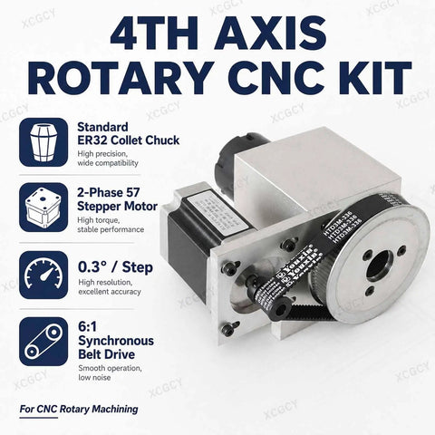 Kick Your CNC Router Setup Right Up With This Heavy Duty 4th Axis Rotary Table Boasting A NEMA 57 Stepper Motor ER32 Collet Chuck And Buttery Smooth Spinning Hollow Shaft, showcasing the 4th axis rotary CNC kit components.