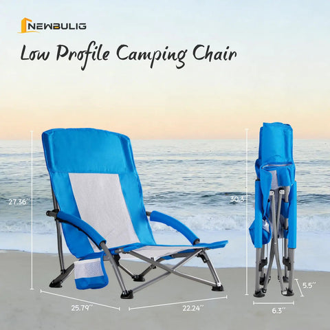 Low Profile Folding Beach Chair With Cup Holders And Carry Bag, featuring extra wide seat and high back, shown on a beach.