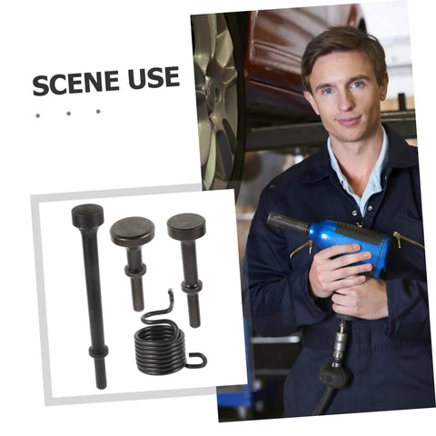 Mechanic with Heavy Duty Air Hammer Drift Set With Pin Punch And Rivet Kit Air Chisel Bits for metalworking and construction.