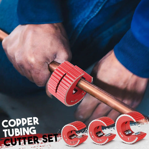 Person using Beast Copper Pipe Cutter Set With One Half Inch, Three Quarter Inch And One Inch Cutters on copper tubing
