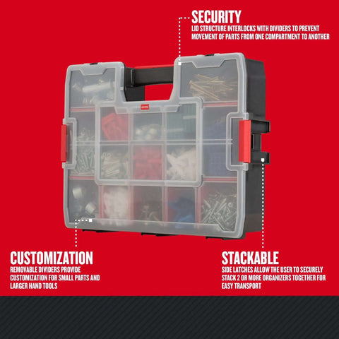 14 Compartment Storage Organizer With Removable Dividers For Customizable Small Parts And Tools Stackable With Side Latches