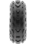 Front view of All Terrain ATV Tires 18x7-7 Set Of 2 Tubeless 4 Ply With Directional V Knobby Tread A007 on white background