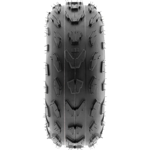 Front view of All Terrain ATV Tires 18x7-7 Set Of 2 Tubeless 4 Ply With Directional V Knobby Tread A007 on white background