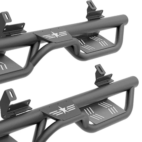 Two Tube Side Steps Compatible With 2021 To 2026 Ford Bronco Four Door, black steel running boards with grip panels.