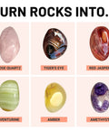 Variety of polished gemstones including rose quartz, tiger's eye, red jasper, aventurine, amber, and amethyst.