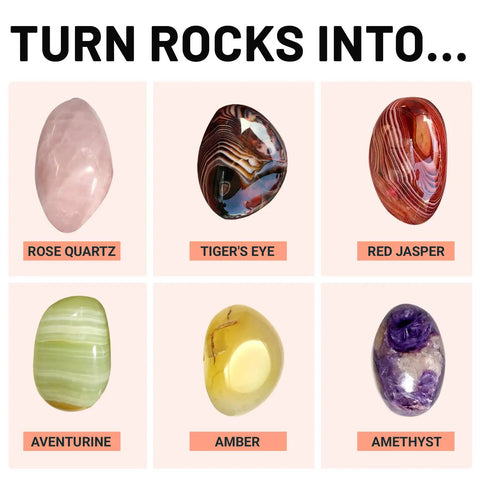 Variety of polished gemstones including rose quartz, tiger's eye, red jasper, aventurine, amber, and amethyst.