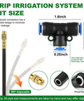Diagram showing components of the All In One Drip Irrigation Kit With 100 Foot One Quarter Inch Tubing And 30 Brass Nozzles, 360 Degree Adjustable Misting