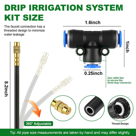 Diagram showing components of the All In One Drip Irrigation Kit With 100 Foot One Quarter Inch Tubing And 30 Brass Nozzles, 360 Degree Adjustable Misting