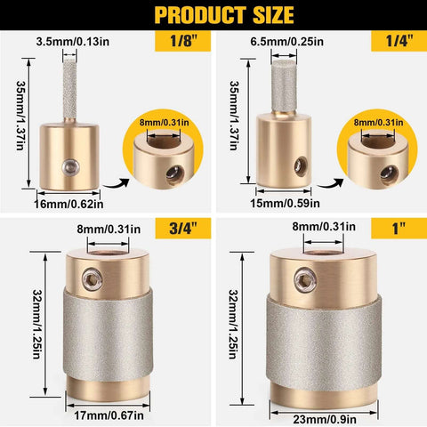 Ecarke diamond grinder bit heads set for stained glass; four sizes (1/8, 1/4, 3/4, 1 in) with brass core